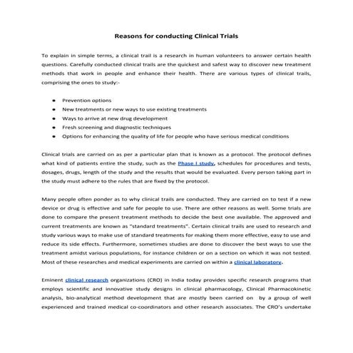 Reasons for conducting clinical trials