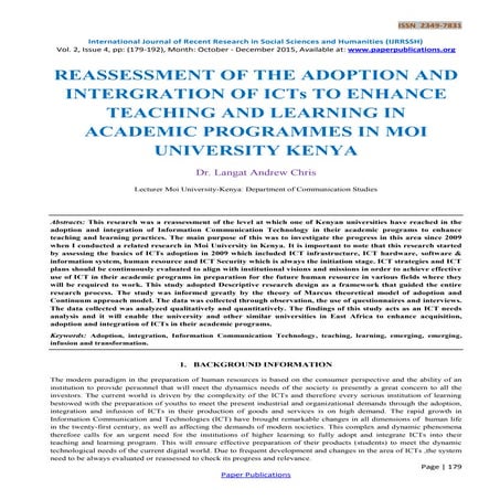 REASSESSMENT OF THE ADOPTION AND INTERGRATION OF ICTs TO ENHANCE TEACHING AND...