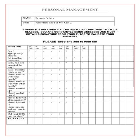 Rebecca sellors personal management checklist | DOC