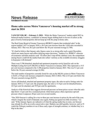 Real Estate Board of Greater Vancouver January 2024 Statistics
