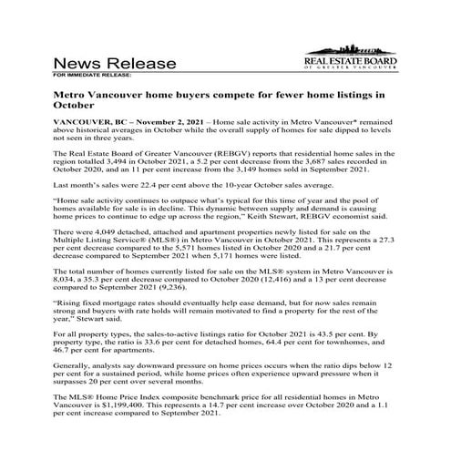 Real Estate Board of Greater Vancouver Statistics Package October 2021 ...