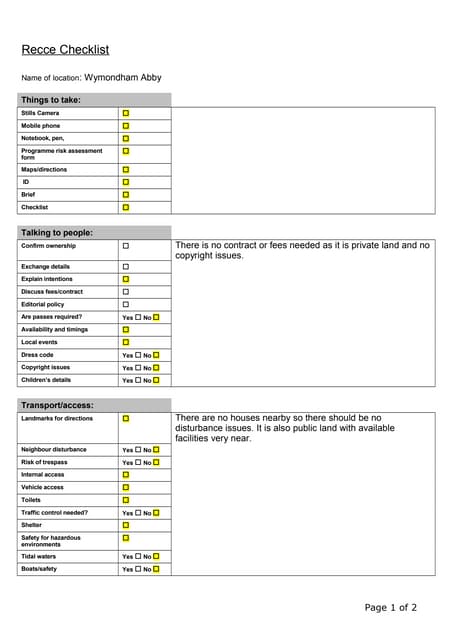 Recce checklist for nork park | PDF