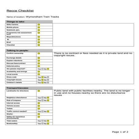 Recce checklist wymondham train tracks | PDF