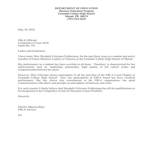 Reccomendation letter of meydalis feliciano valderrama