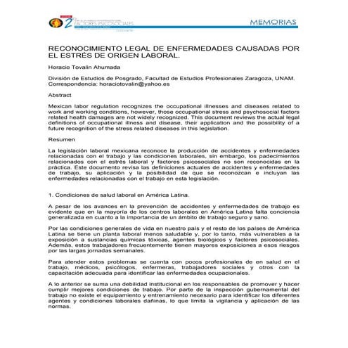 Recconocimiento legal de enfermedade causadas por el estres laboral