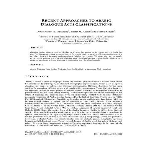 Recent approaches to arabic dialogue acts classifications
