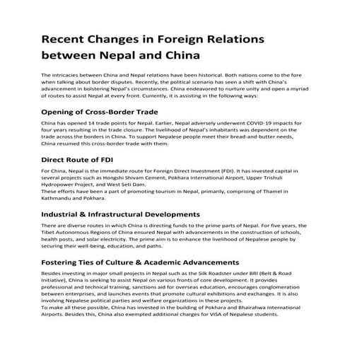 Recent Changes in Foreign Relations between Nepal and China