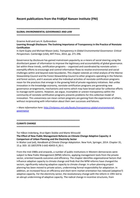 Recent FNI publications 3 Sept 2014