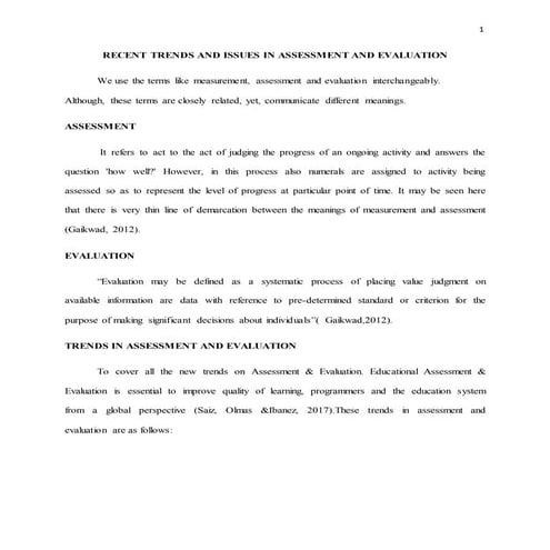 Recent trends and issues in assessment and evaluation