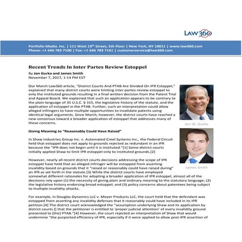 Recent trends in inter partes review estoppel | PDF