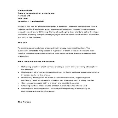 Receptionist Advert 10 Nov 2014