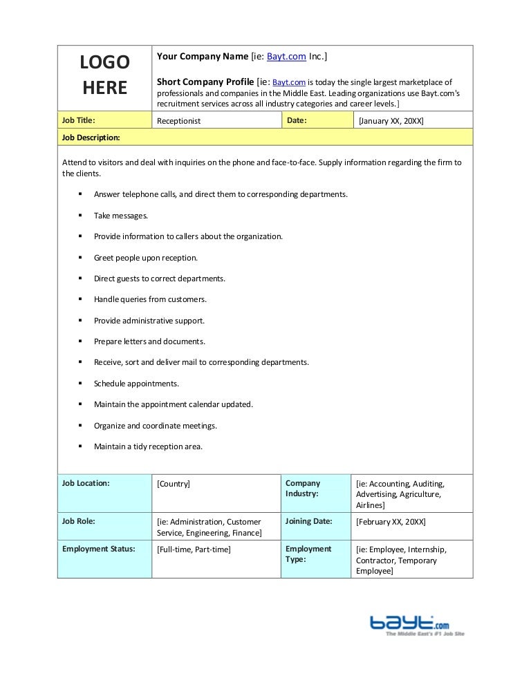 Receptionist Job Description Template by Bayt.com