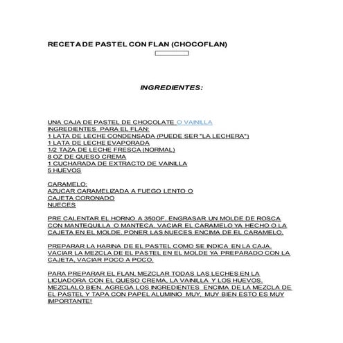 Receta de pastel con flan