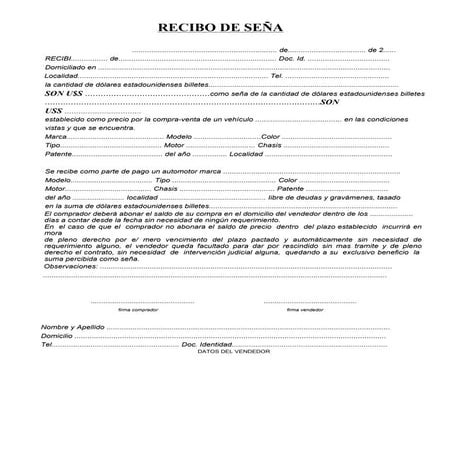 Recibo de Seña en Dolares