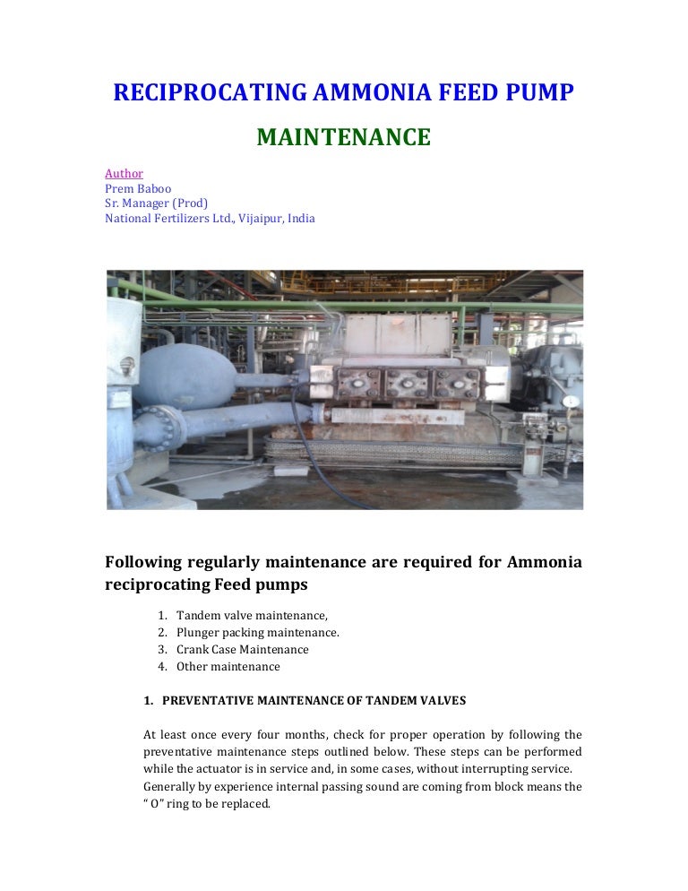 Reciprocating Ammonia Feed Pump Maintenance