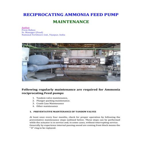 Reciprocating ammonia feed pump maintenance