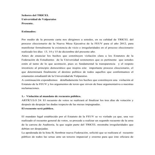 Reclamo formal Tricel lista B Sembrar