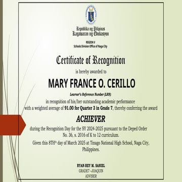 Certificate of Recognition for Outstanding Academic Performance in ...