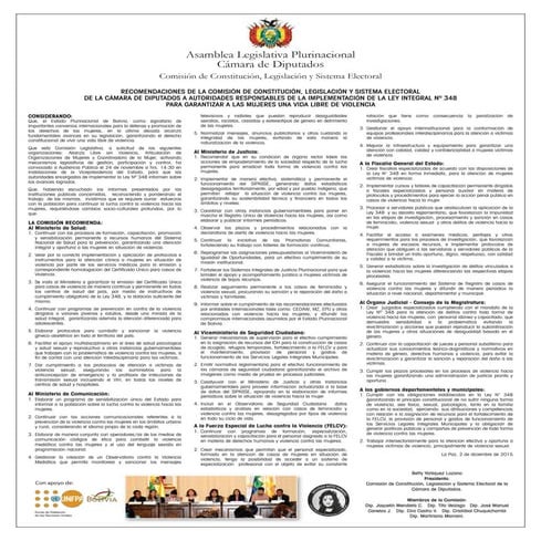 Recomendaciones de la Cámara de Diputados para aplicar la Ley 348