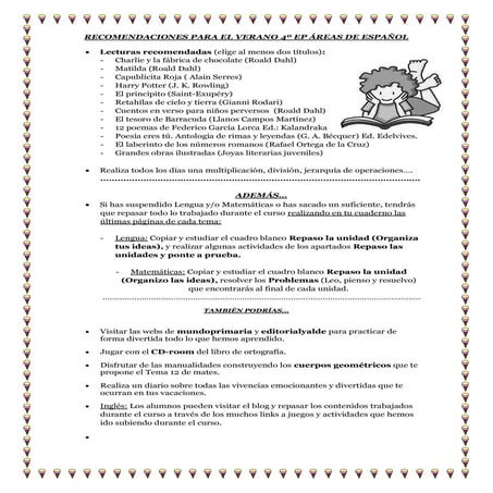 Recomendaciones para el verano alumnado de 4º ep áreas de español