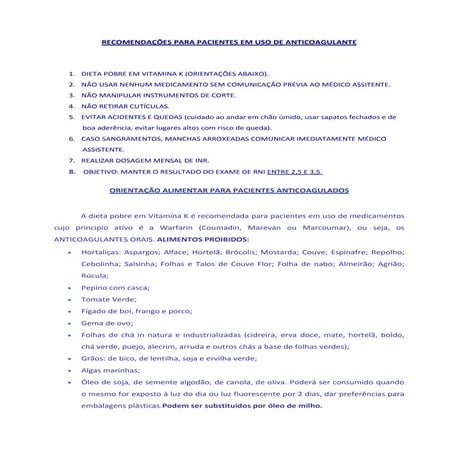 Recomendações para pacientes em uso de anticoagulante | PDF