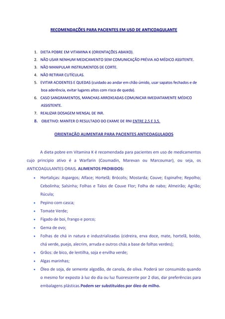 Recomendações para pacientes em uso de anticoagulante | PDF