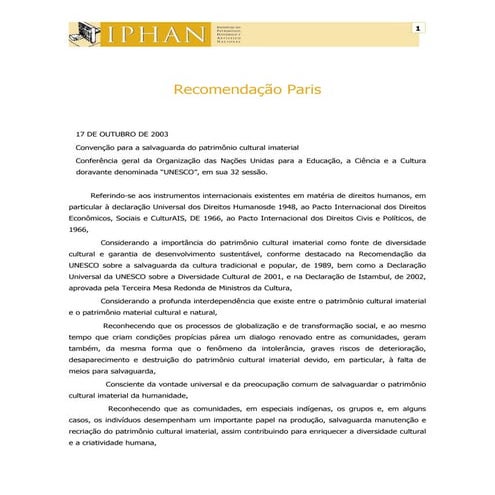 Recomendação de Paris 2003 imaterial