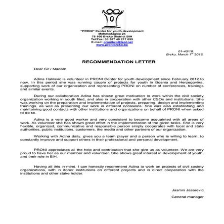 Recommendation letter, PRONI