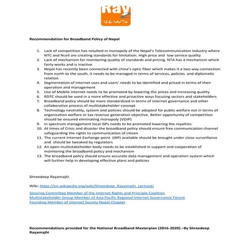 Recommendation for national broadband masterplan by shreedeep rayamajhi