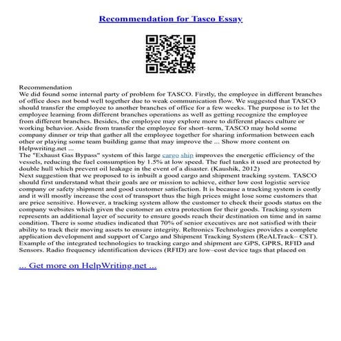 Recommendation For Tasco Essay