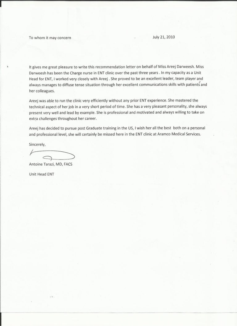 letter of recommendation for nurse