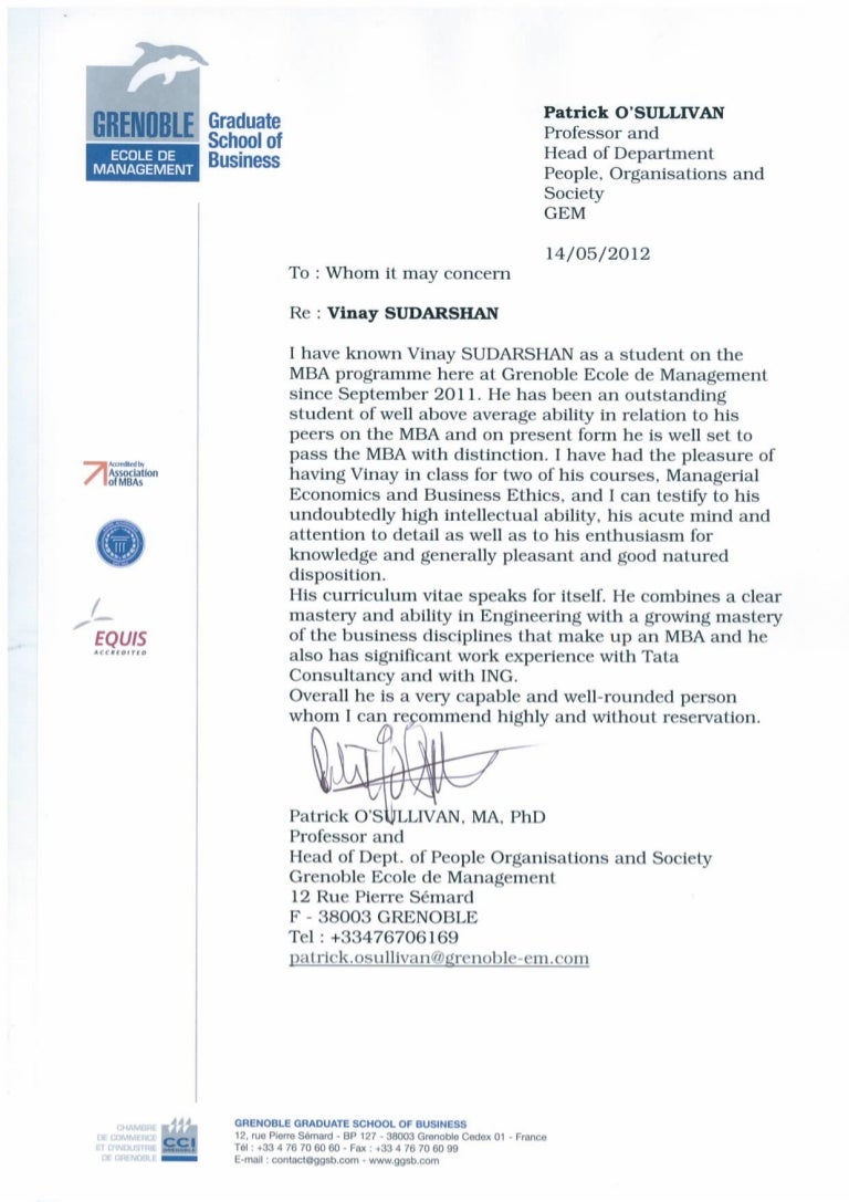 recommendation letter from professor patrick o 39 sullivan sample letter or recommendation