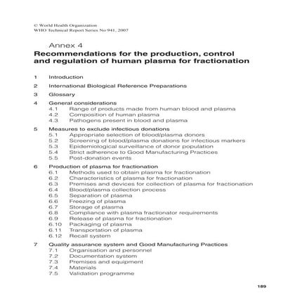Recommendations for the production, control & regulation of human plasma for ...