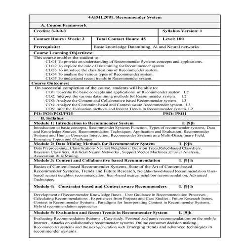 Recommender System Syllabus pdf documntation