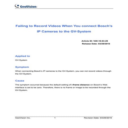 GeoVision : CCTV Solutions : Recording issue with Bosch IP Camera