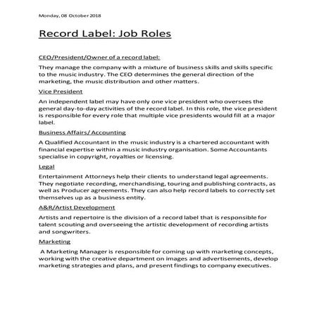 Record label job roles | DOCX