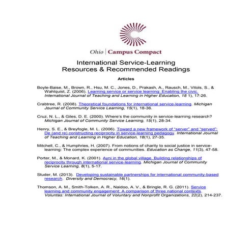 International Service-Learning Resources & Recommended Readings