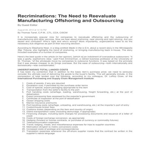 Recriminations the need to reevaluate manufacturing offshoring and outsourcin...