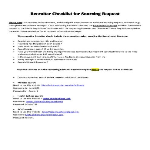 Recruiter checklist for sourcing request