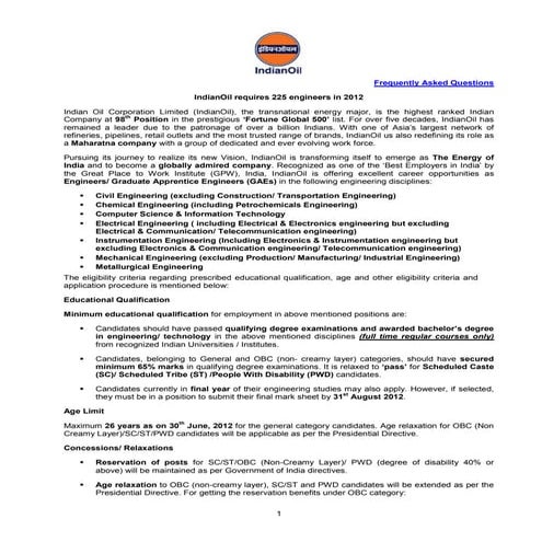 Recruitment 2012 for IOCL