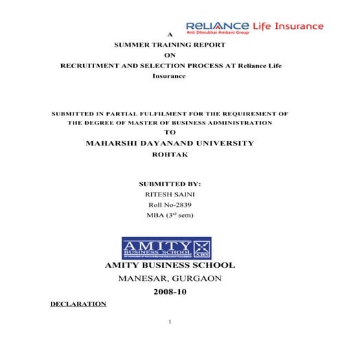 Recruitment and selection process reliance life insurance