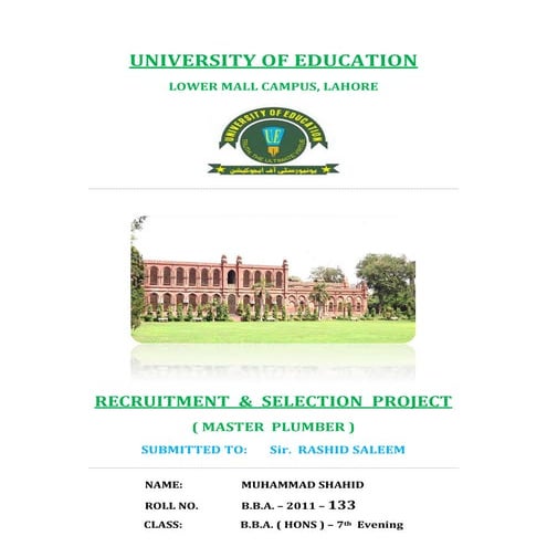 Recruitment & Selection Project of Master Plumber