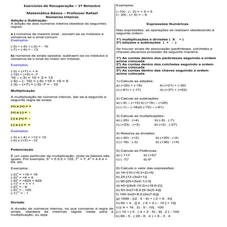 Recuperação lista exercicios 7º ano 1º bimestre