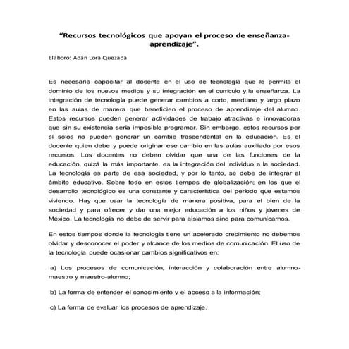 Recursos tecnológicos que apoyan el proceso de enseñanza