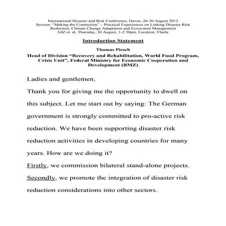 Thomas Piesch - intrduction “Making the Connection” – Practical Experiences on Linking Disaster Risk Reduction, Climate Change Adaptation and Ecosystem Management
