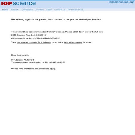 Redefining agricultural yields: from tonnes to people nourished per hectare