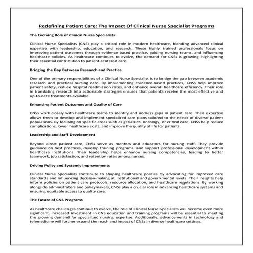 Redefining Patient Care: The Impact of Clinical Nurse Specialist ...
