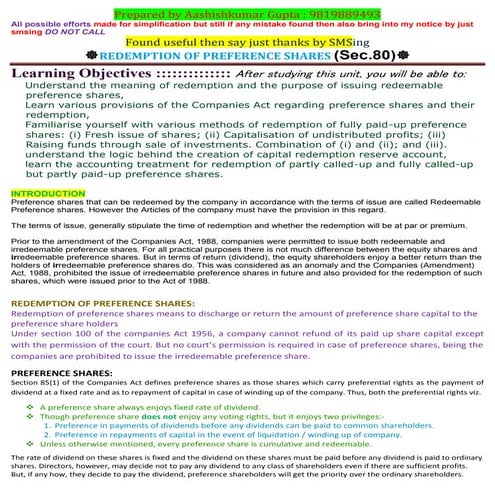 Redemption of preference shares for icmai/ca