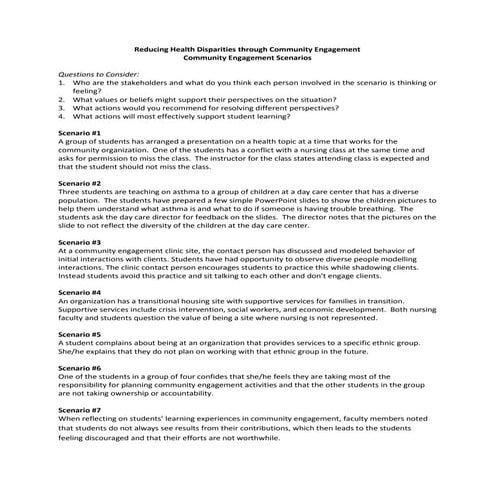 Reducing Health Disparities through Community Engagement Scenarios