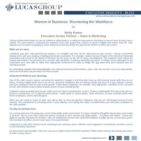 Women in Business: Reentering the Workforce